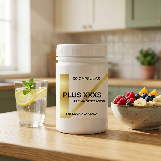 Frasco de PLUS XXXS de 30 cápsulas junto a un vaso de agua con limón y un bol de frutas